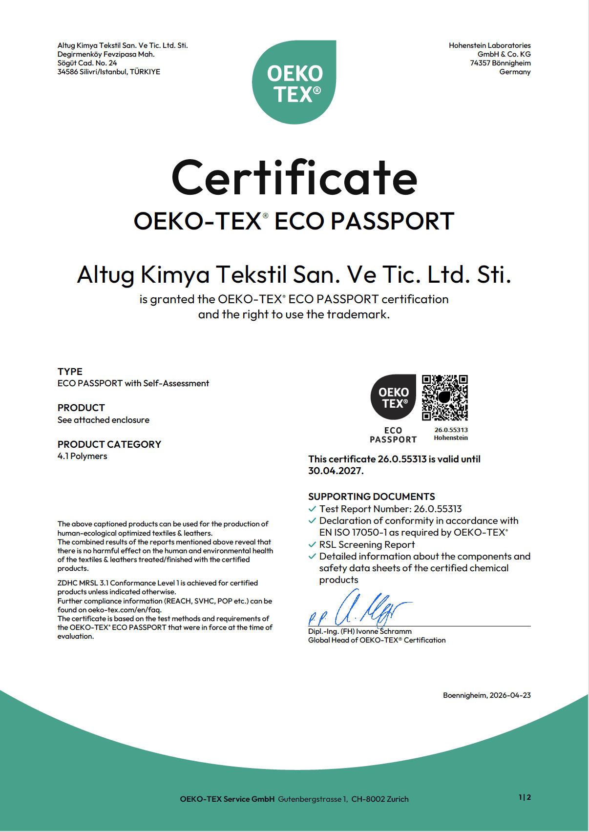 Altug Kimya OEKO-TEX ECO PASSPORT Sertifikası